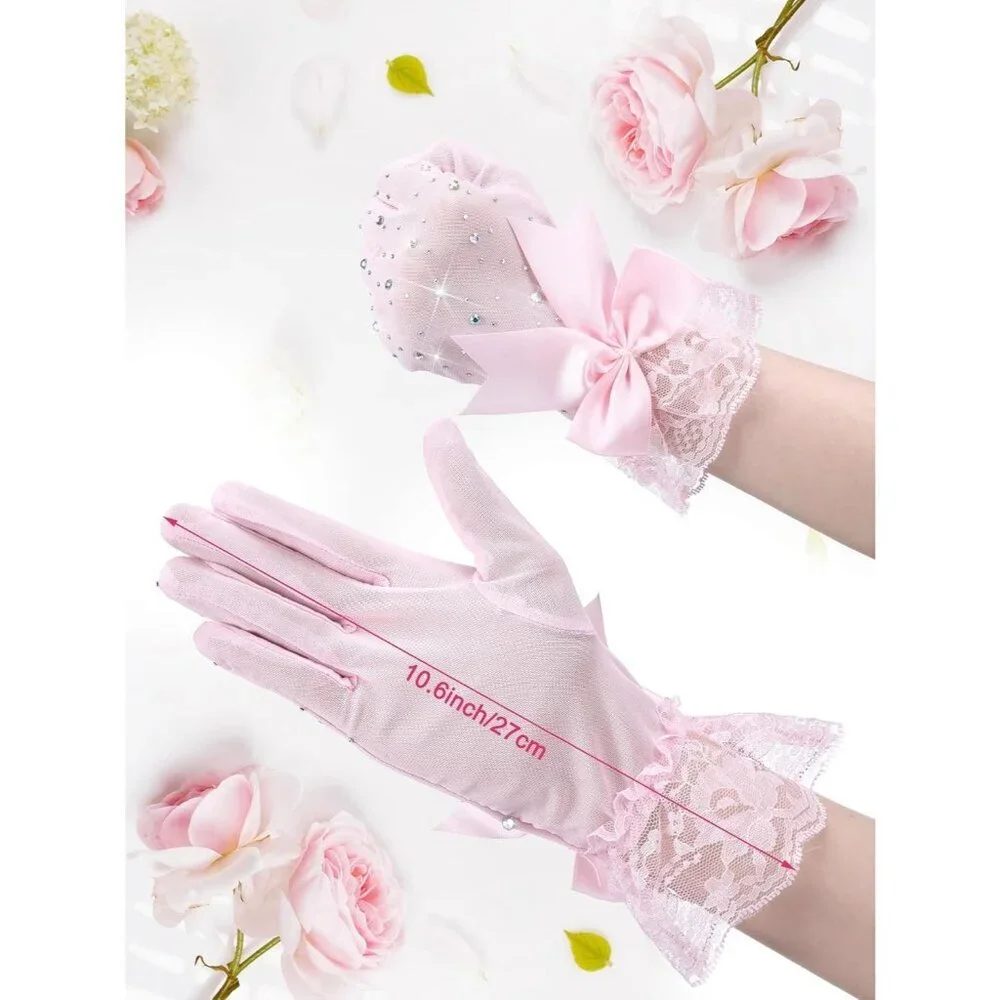 Women's Evening Rhinestones Pink Short Lace Bow Gloves Accessories Halloween